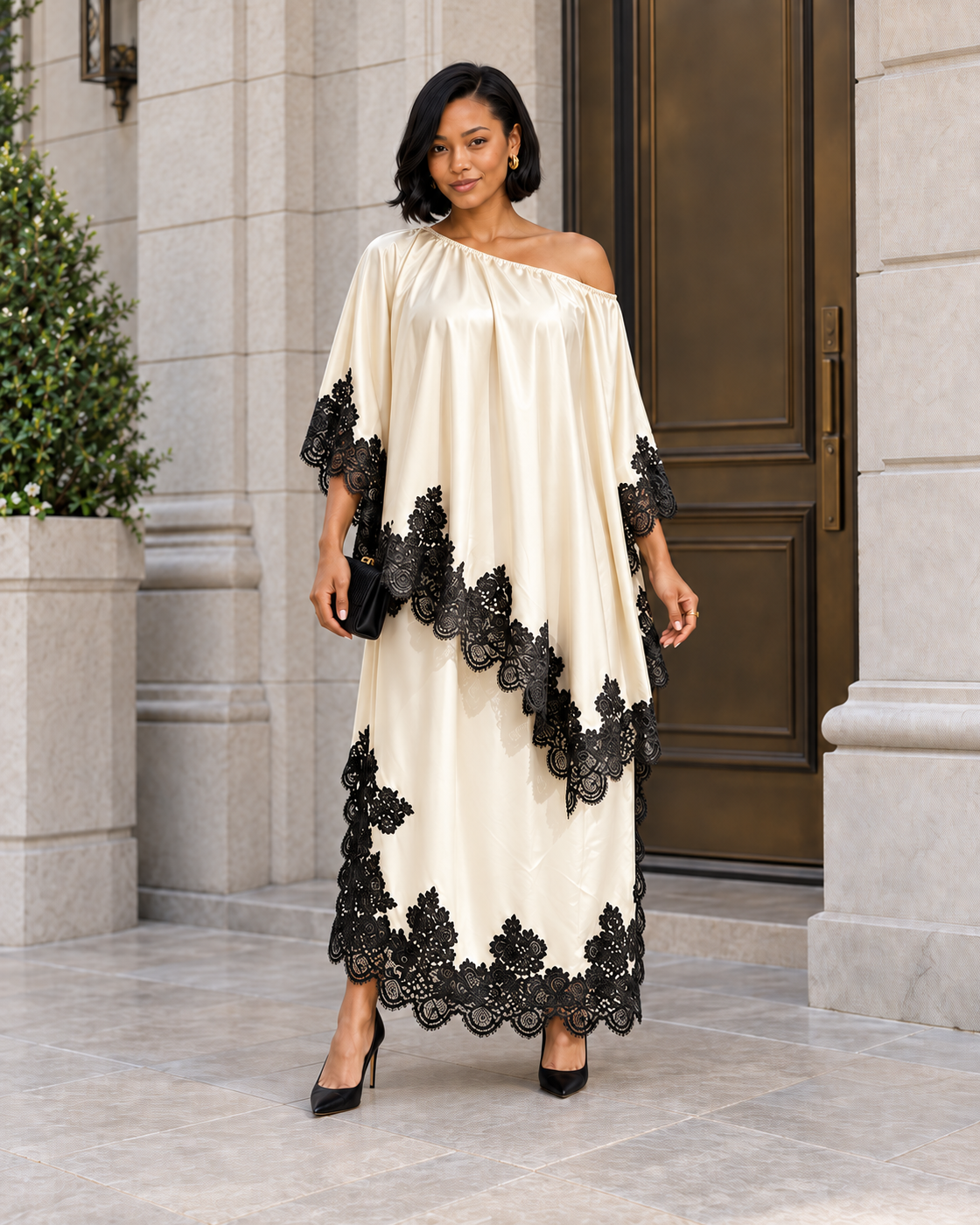 Celandra Lace Cape Dress — Ivory — Model 3 — front view