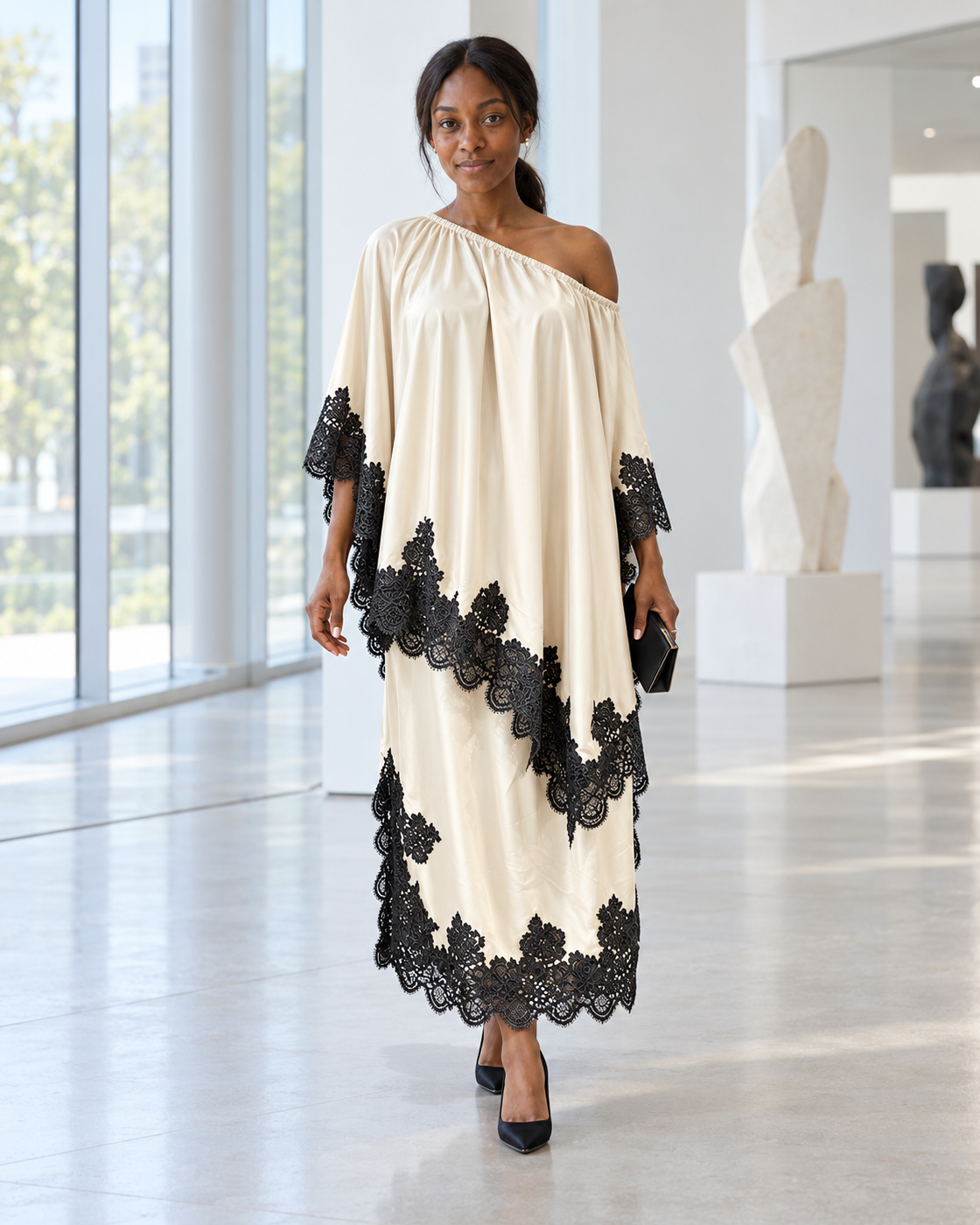 Celandra Lace Cape Dress — Ivory — Model 6 — front view