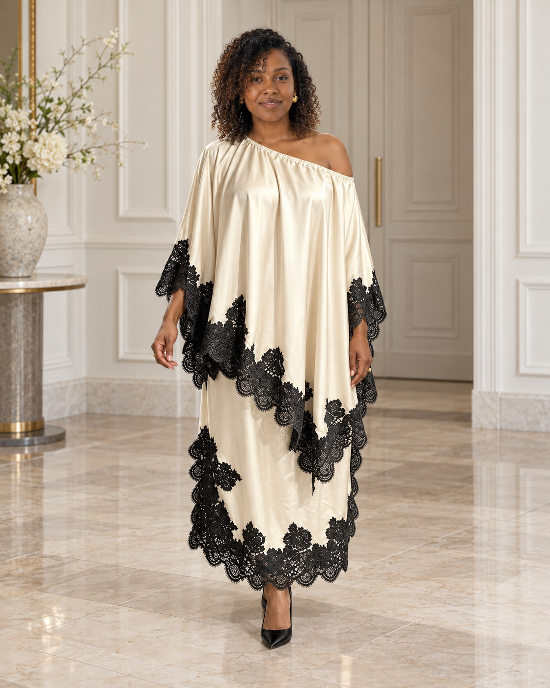 Celandra Lace Cape Dress — Ivory — Model 7 — front view