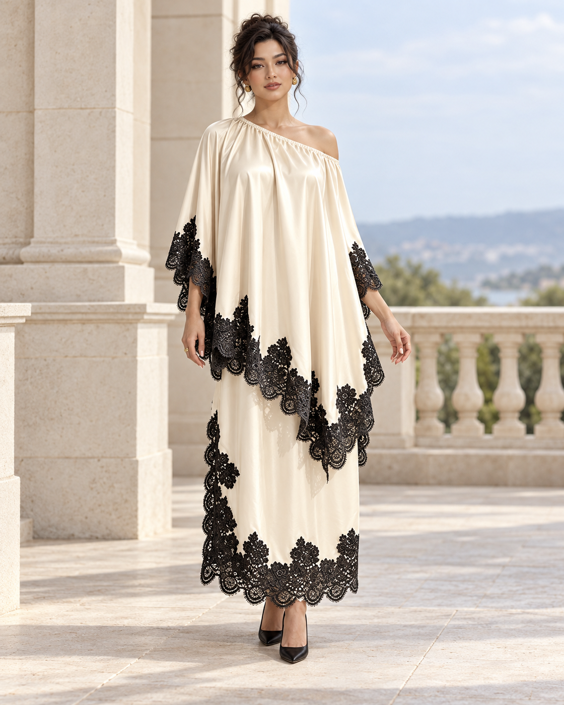 Celandra Lace Cape Dress — Ivory — Model 9 — front view