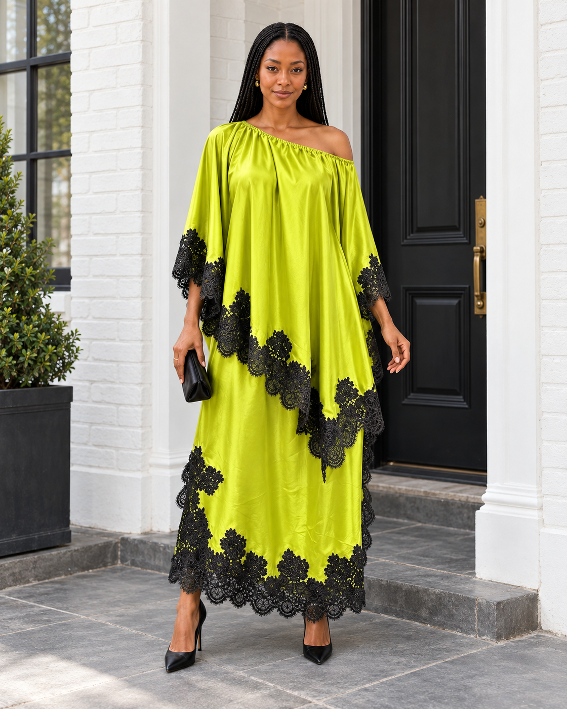Celandra Lace Cape Dress — Lime — Model 1 — front view
