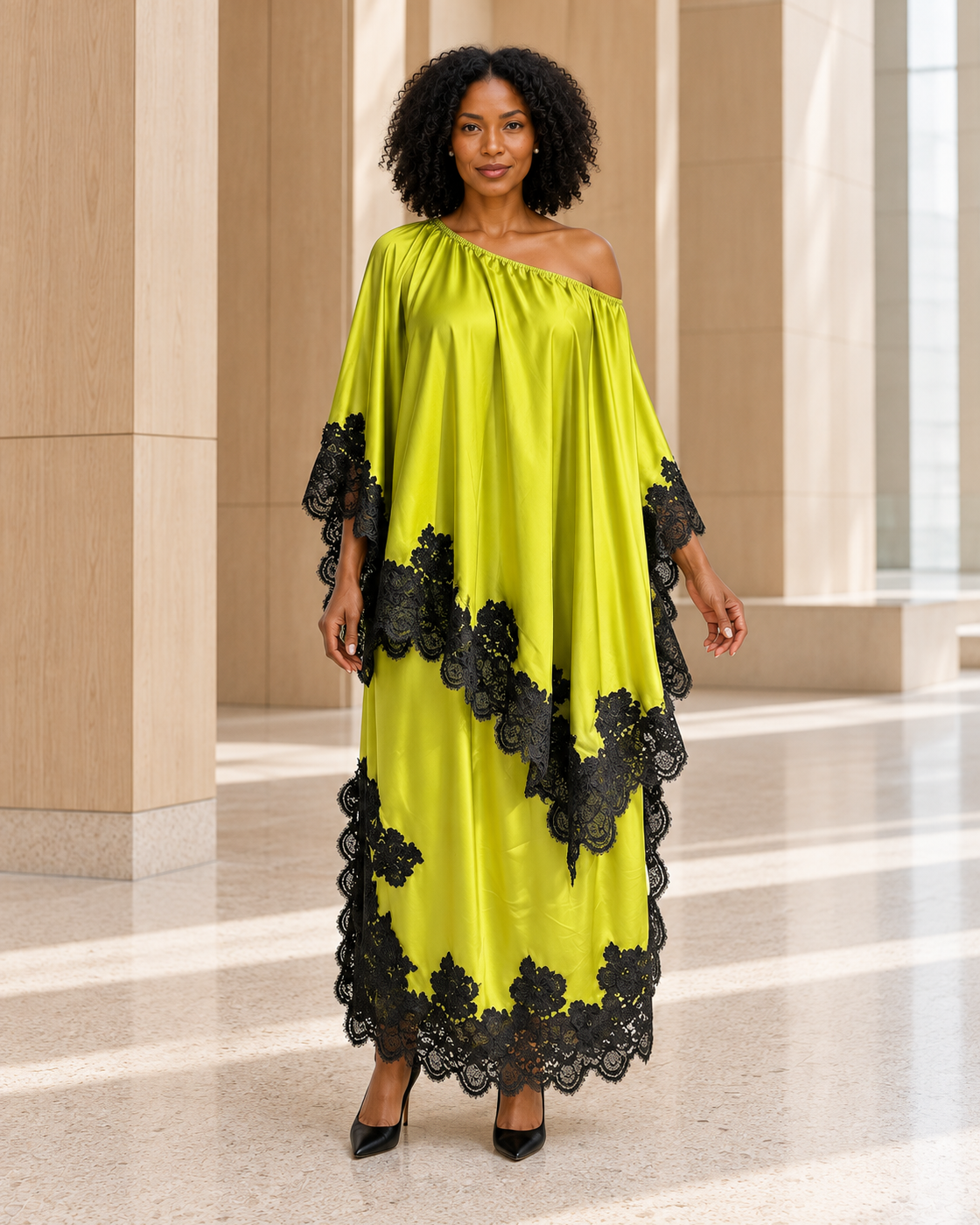 Celandra Lace Cape Dress — Lime — Model 2 — front view