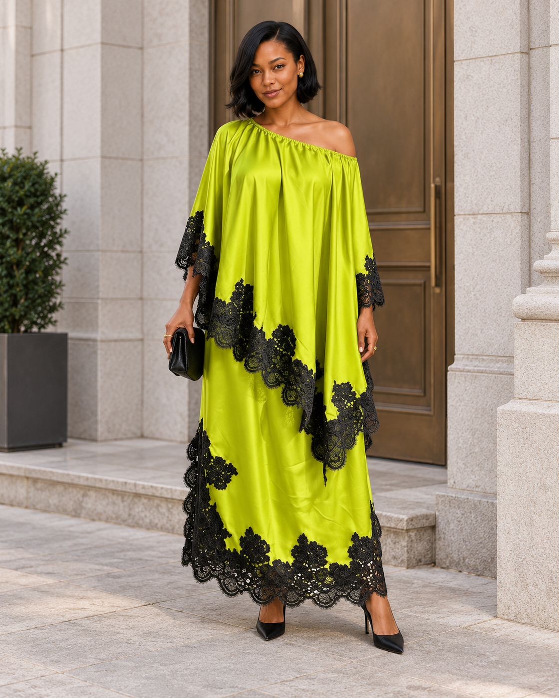 Celandra Lace Cape Dress — Lime — Model 3 — front view