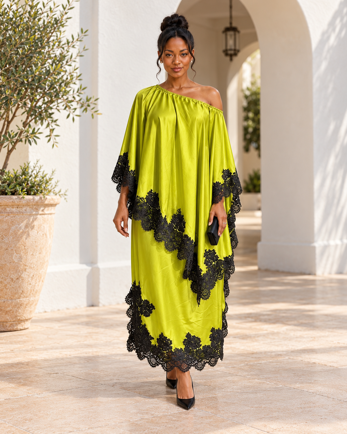 Celandra Lace Cape Dress — Lime — Model 4 — front view