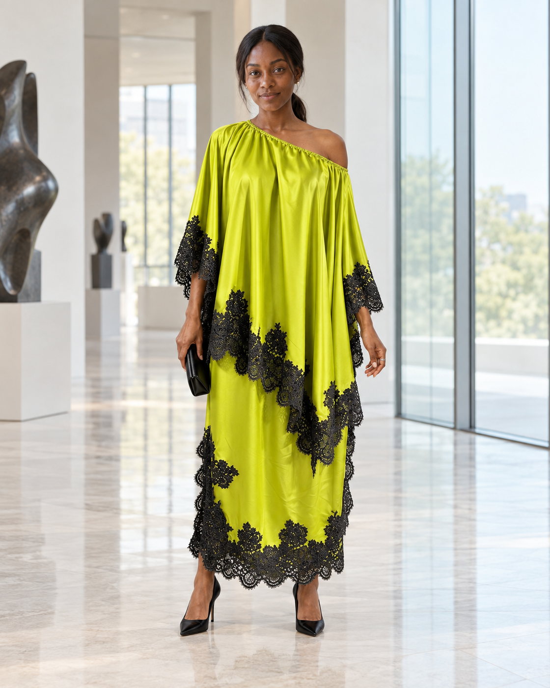 Celandra Lace Cape Dress — Lime — Model 6 — front view