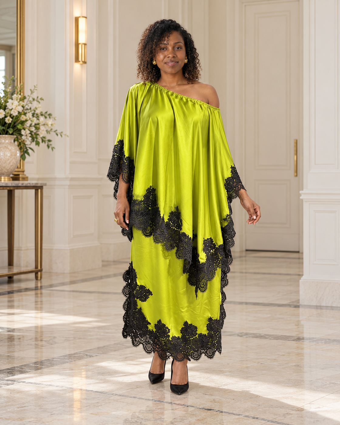 Celandra Lace Cape Dress — Lime — Model 7 — front view
