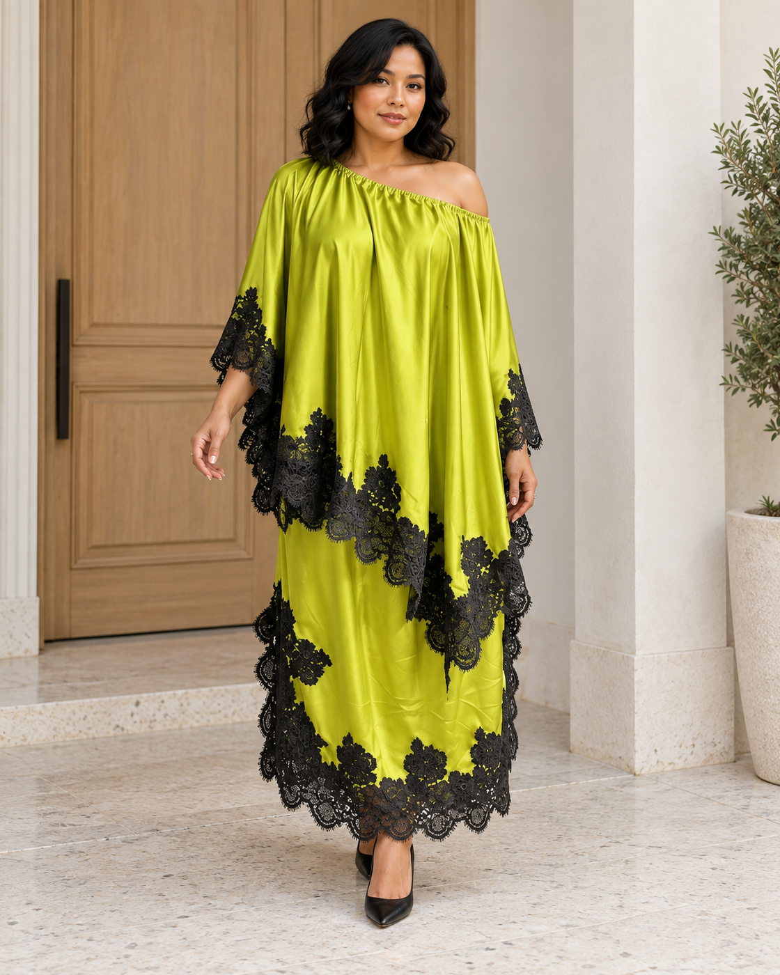 Celandra Lace Cape Dress — Lime — Model 10 — front view