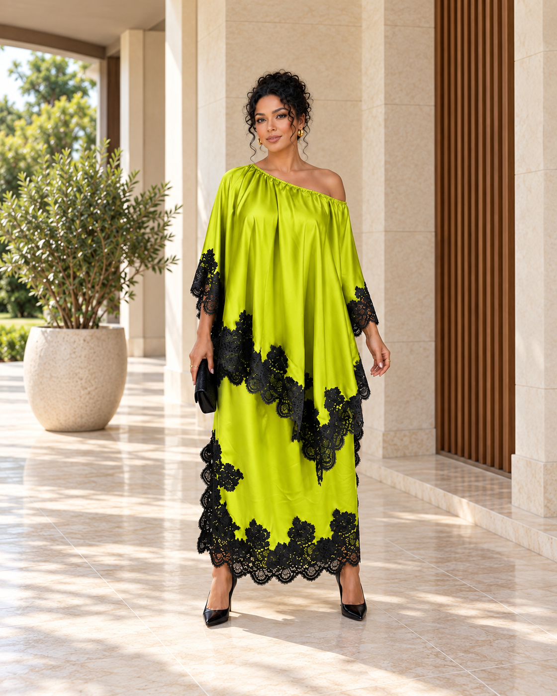 Celandra Lace Cape Dress — Lime — Model 11 — front view