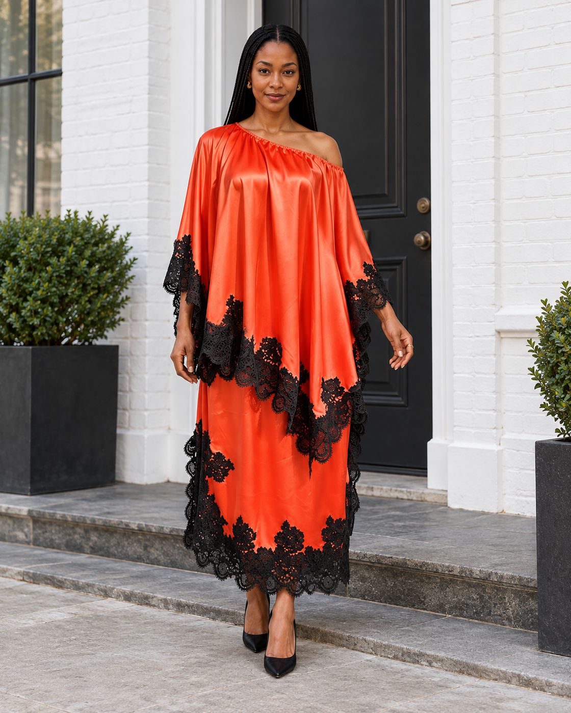 Celandra Lace Cape Dress — Orange Red — Model 1 — front view