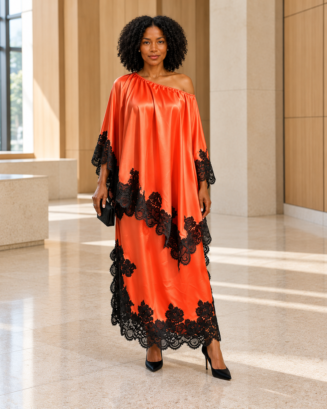 Celandra Lace Cape Dress — Orange Red — Model 2 — front view