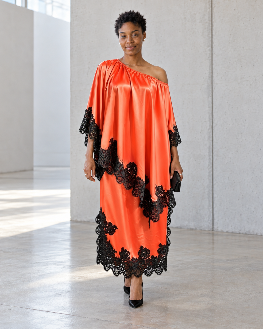 Celandra Lace Cape Dress — Orange Red — Model 8 — front view