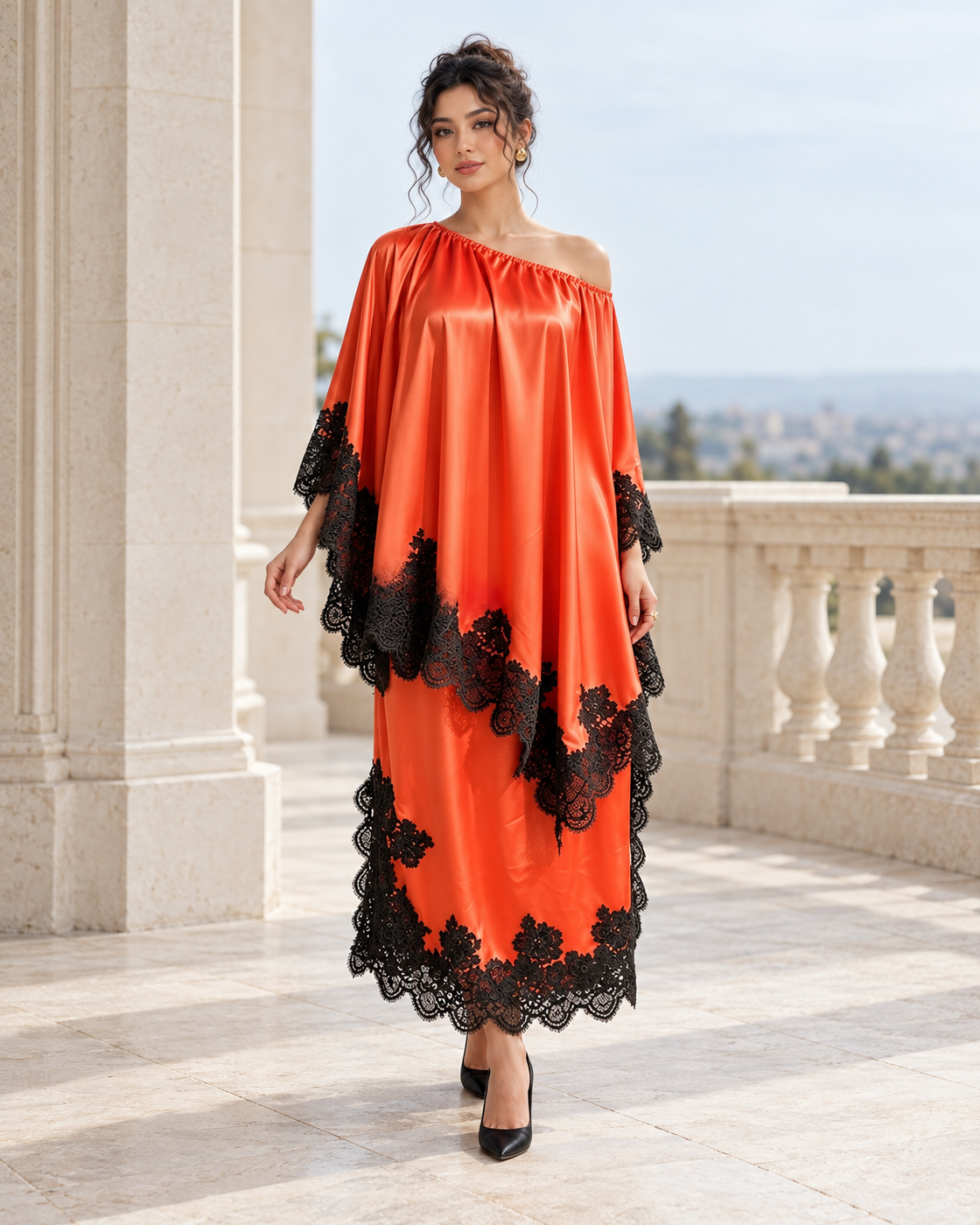 Celandra Lace Cape Dress — Orange Red — Model 9 — front view