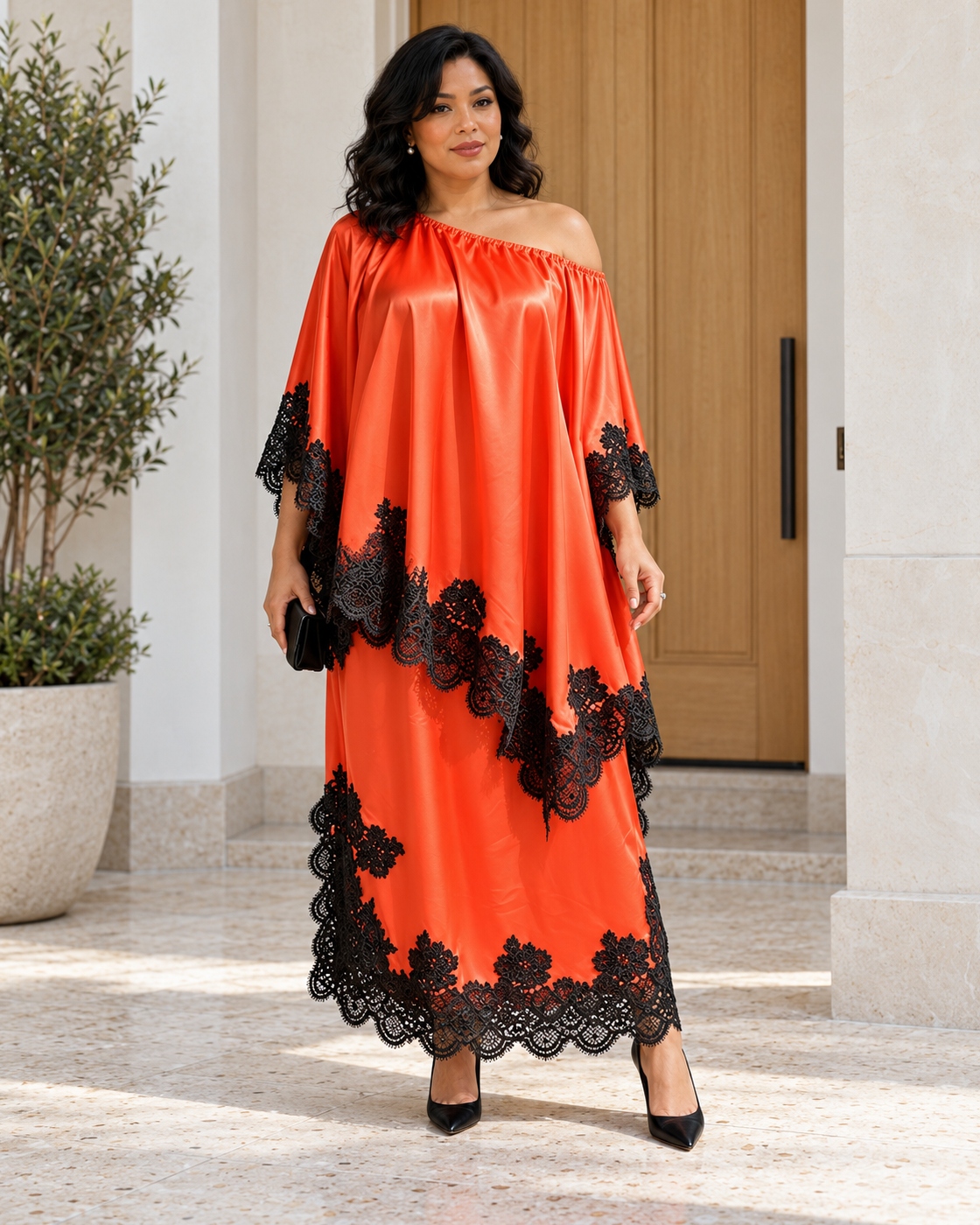 Celandra Lace Cape Dress — Orange Red — Model 10 — front view