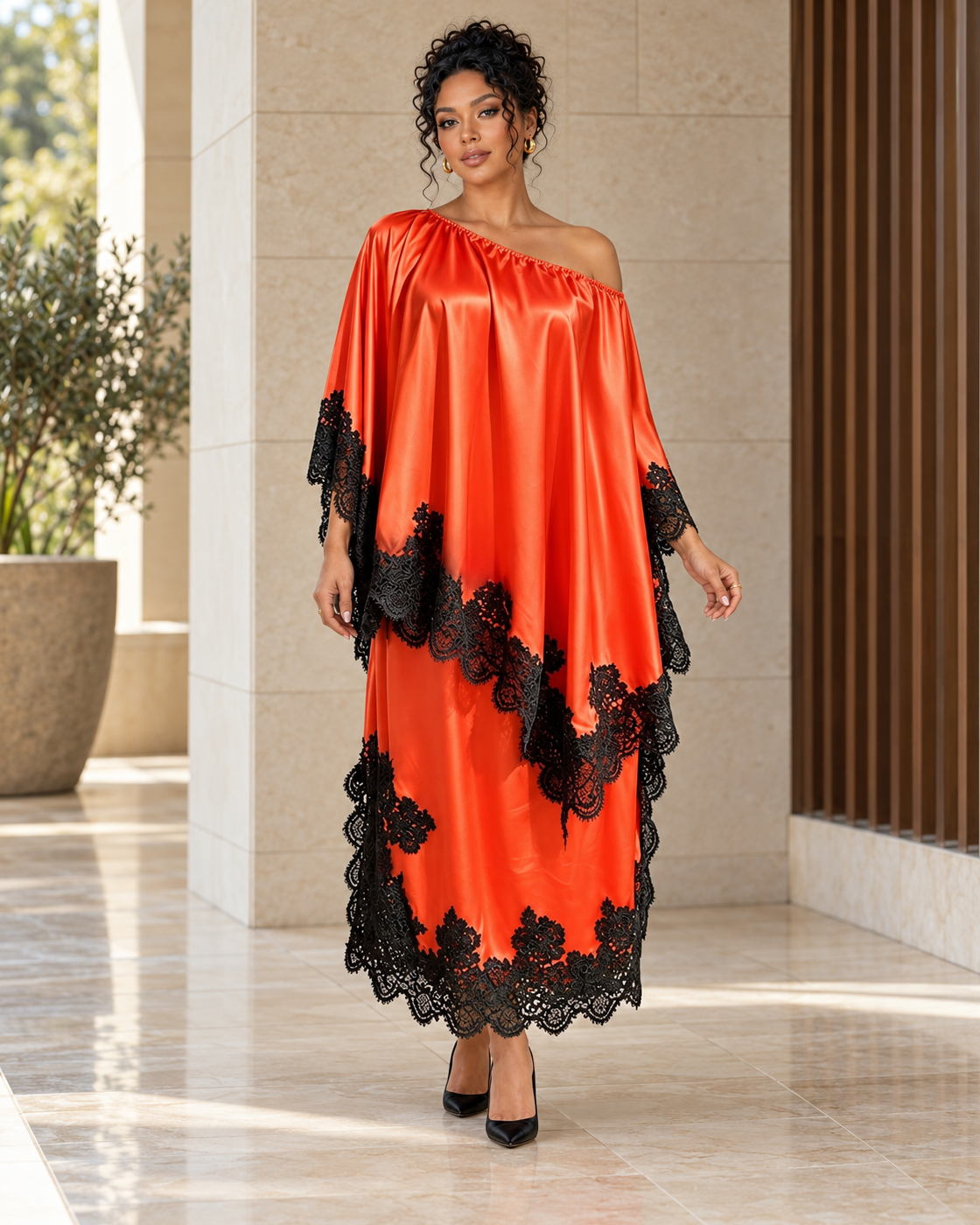 Celandra Lace Cape Dress — Orange Red — Model 11 — front view