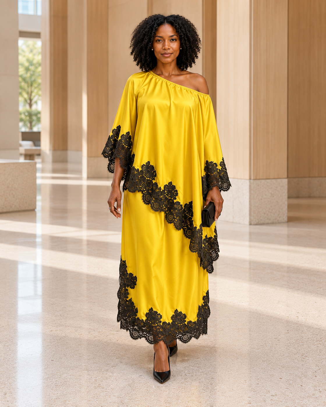 Celandra Lace Cape Dress — Sunflower Yellow — Model 2 — front view