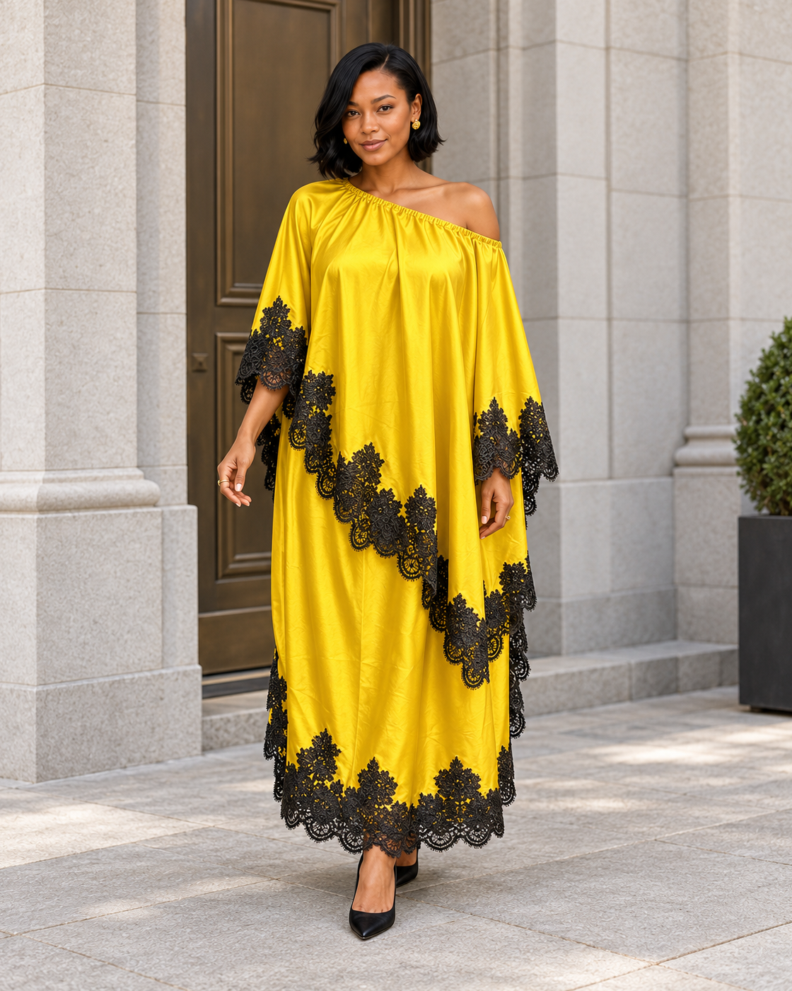 Celandra Lace Cape Dress — Sunflower Yellow — Model 3 — front view
