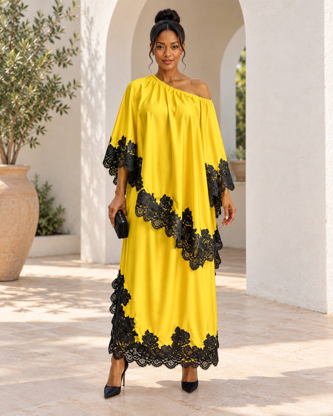 Celandra Lace Cape Dress — Sunflower Yellow — Model 4 — front view