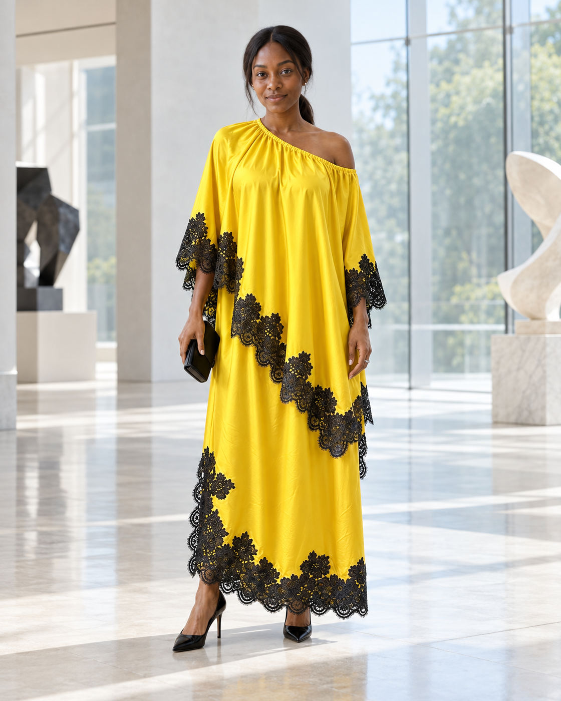 Celandra Lace Cape Dress — Sunflower Yellow — Model 6 — front view