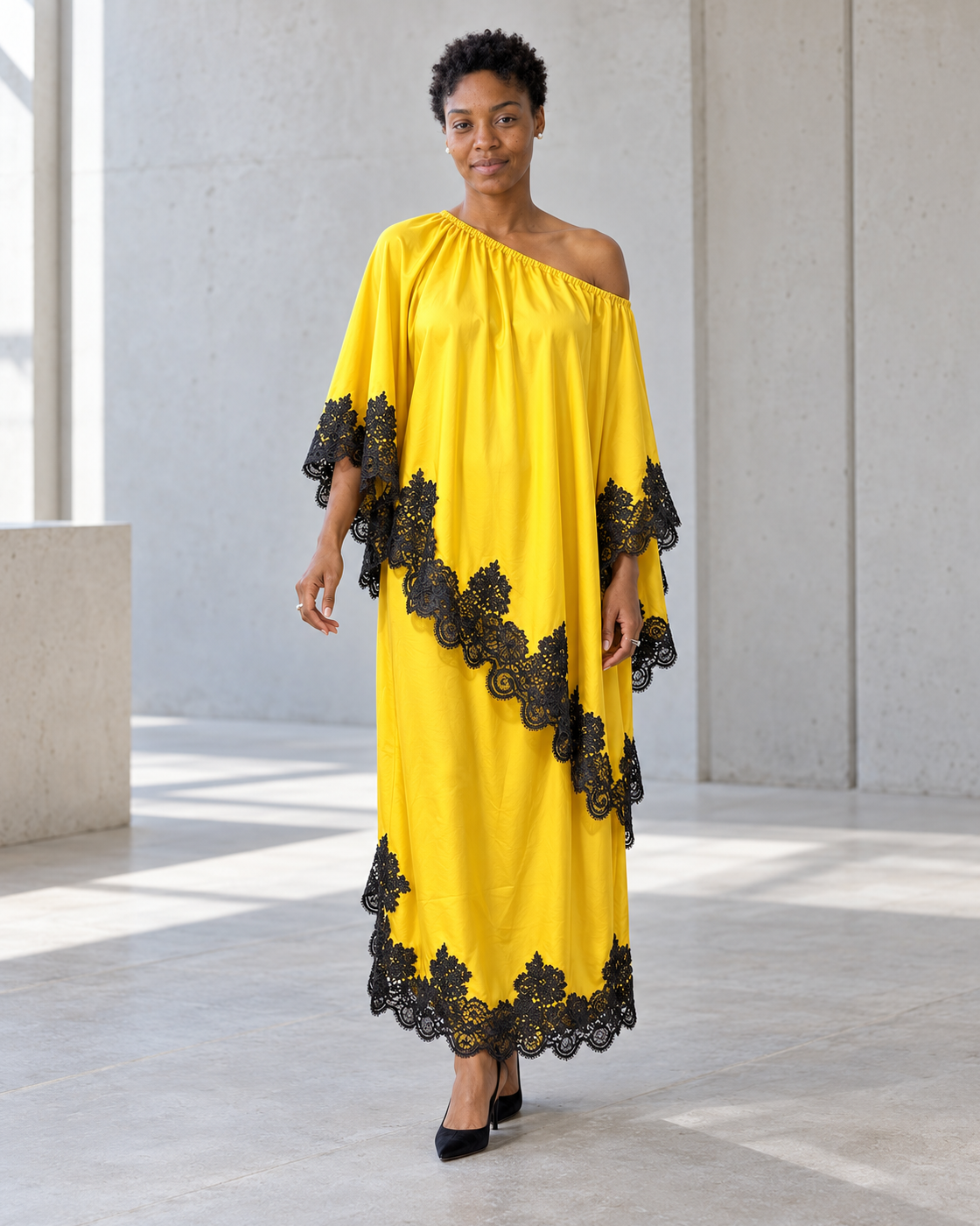 Celandra Lace Cape Dress — Sunflower Yellow — Model 8 — front view