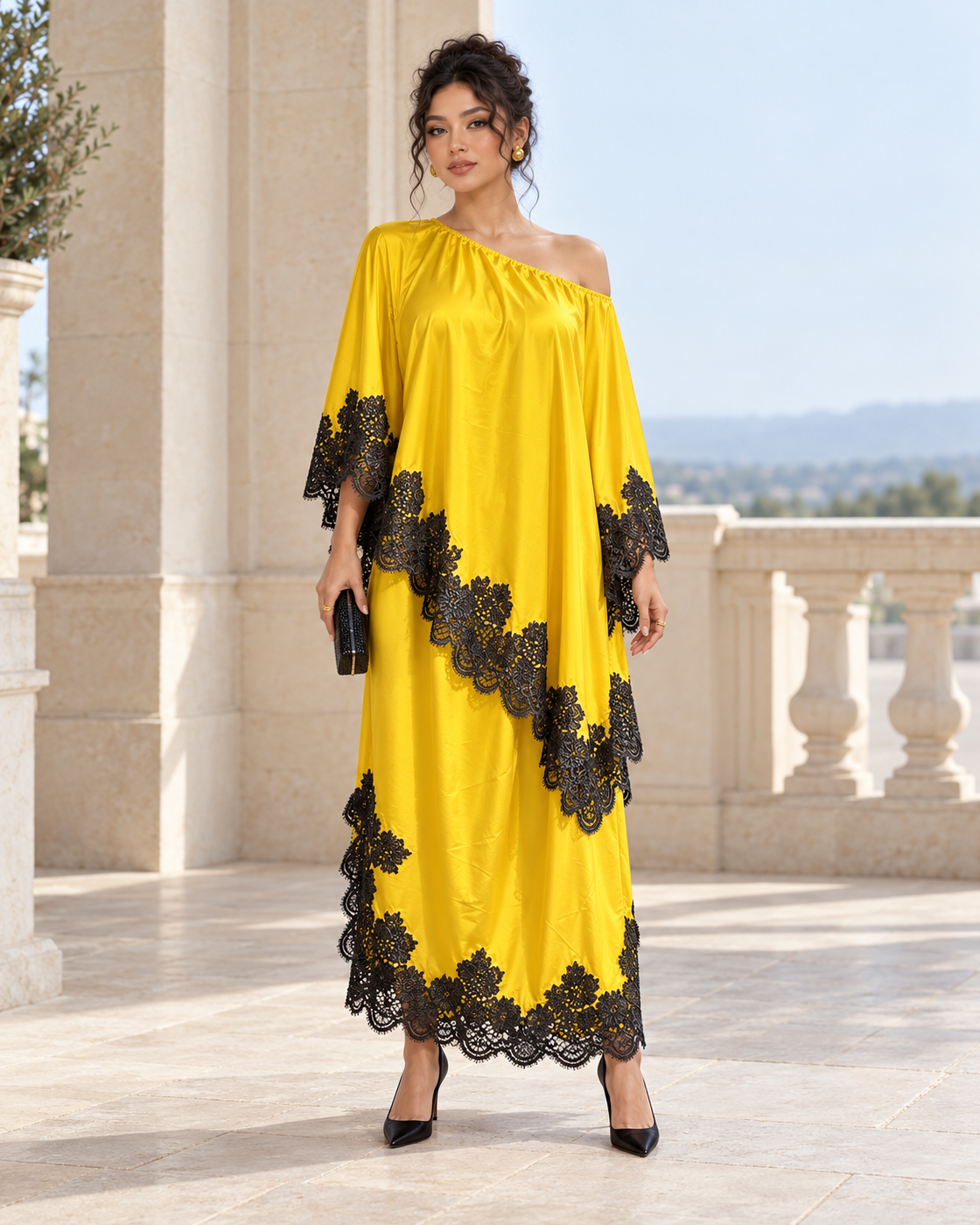 Celandra Lace Cape Dress — Sunflower Yellow — Model 9 — front view