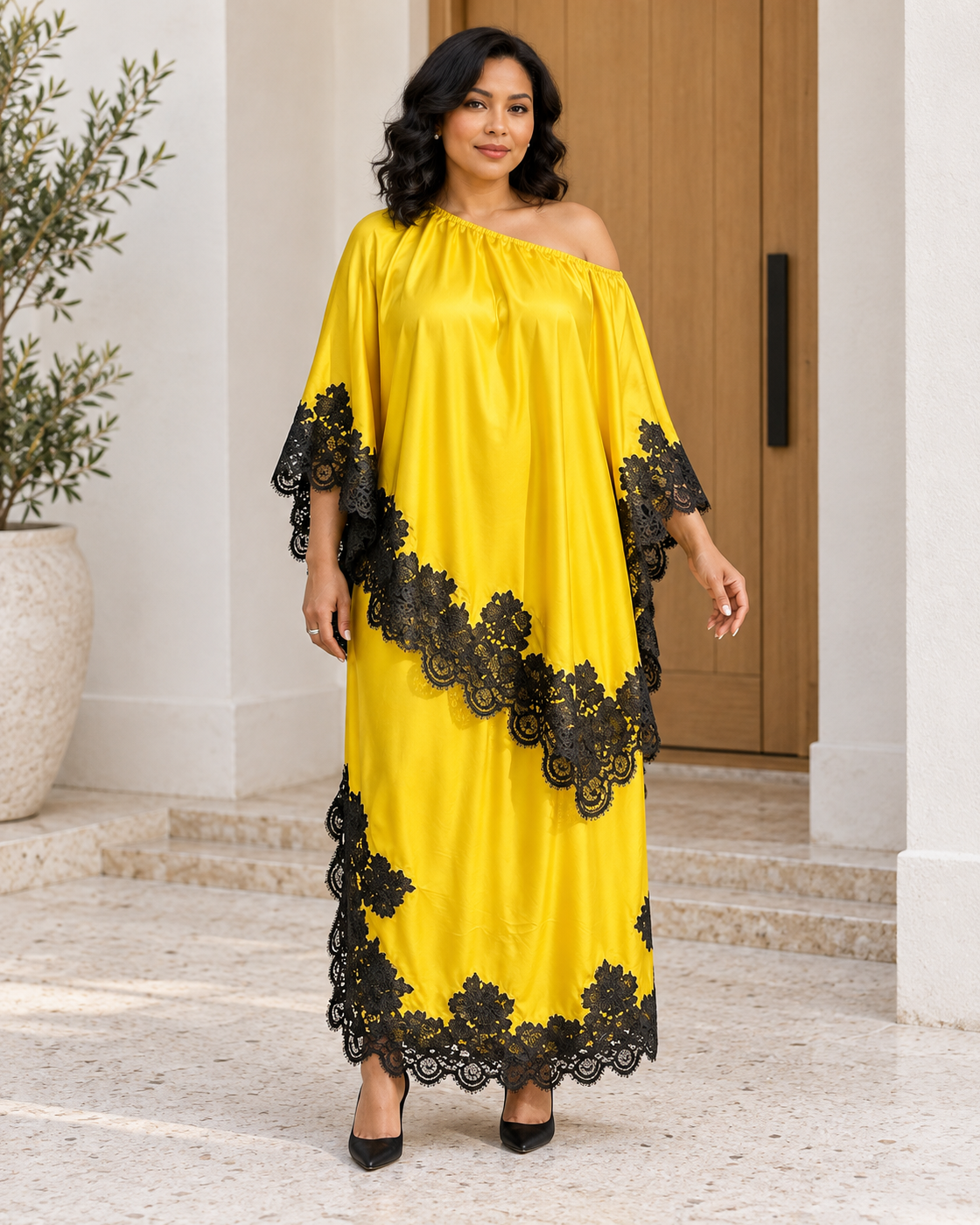 Celandra Lace Cape Dress — Sunflower Yellow — Model 10 — front view