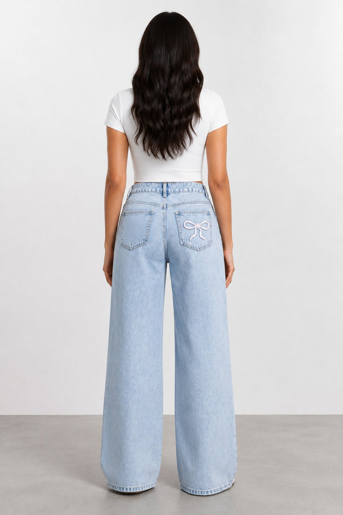 Cerise Blossom Wide-Leg Jeans — Light Blue back view