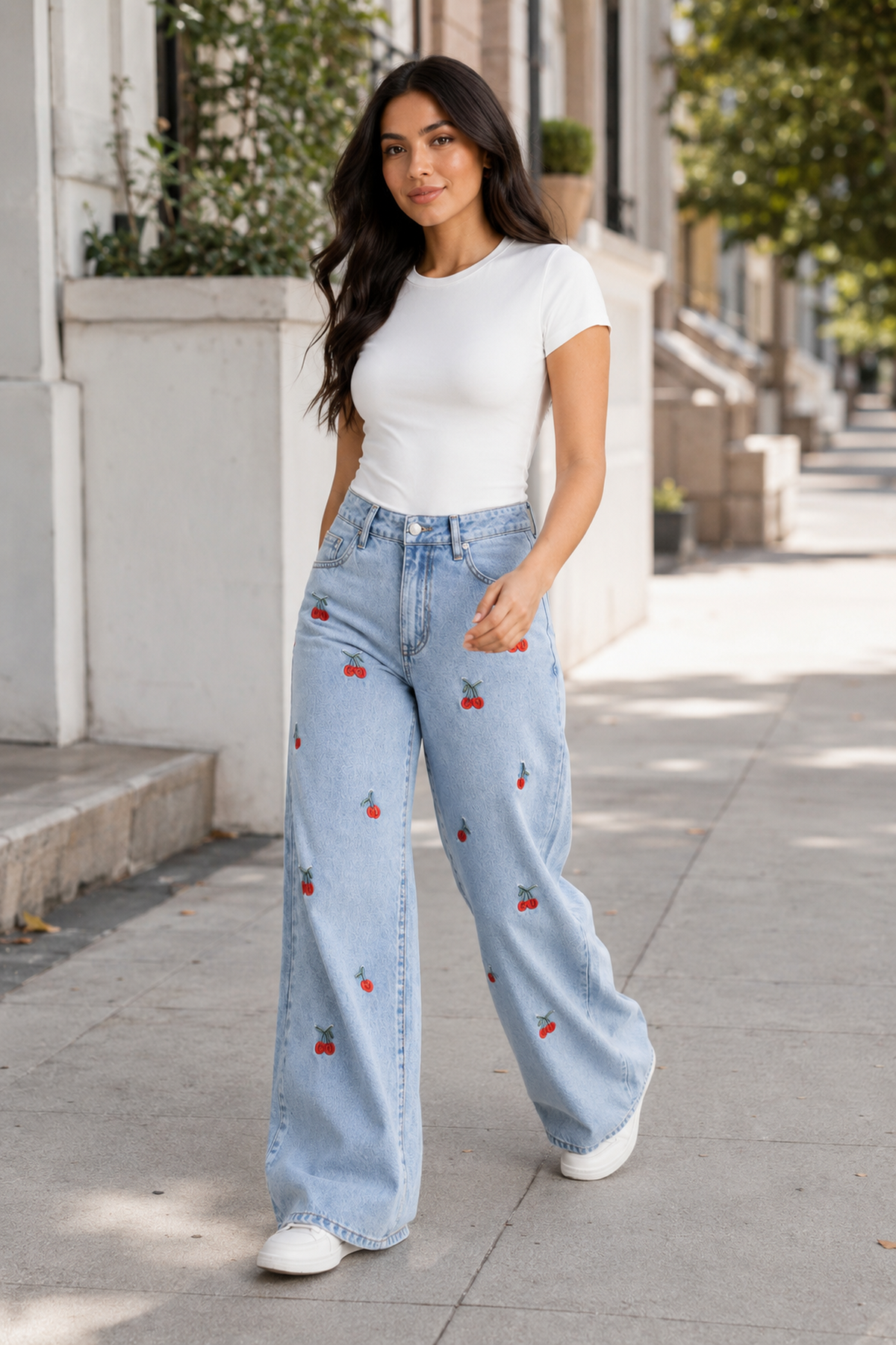 Cerise Blossom Wide-Leg Jeans in Light Blue, walking three-quarter view