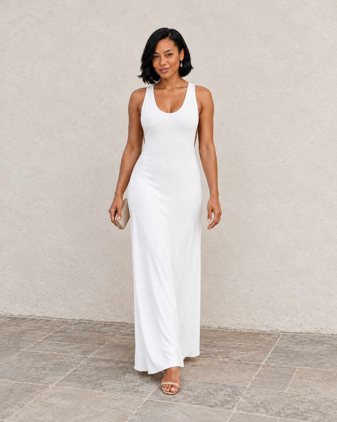 Cezara Backless Maxi Dress — White — Model 3 — front view