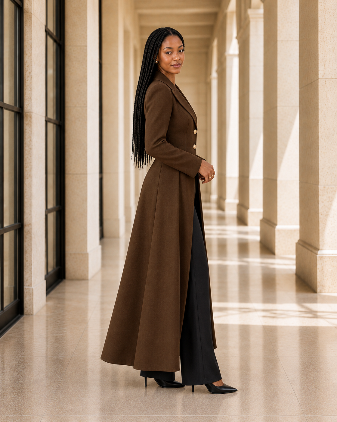 Corvella Sweep Coat in Chocolate — Model 1 side view