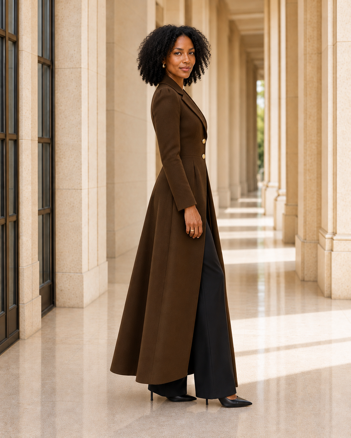 Corvella Sweep Coat in Chocolate — Model 2 side view