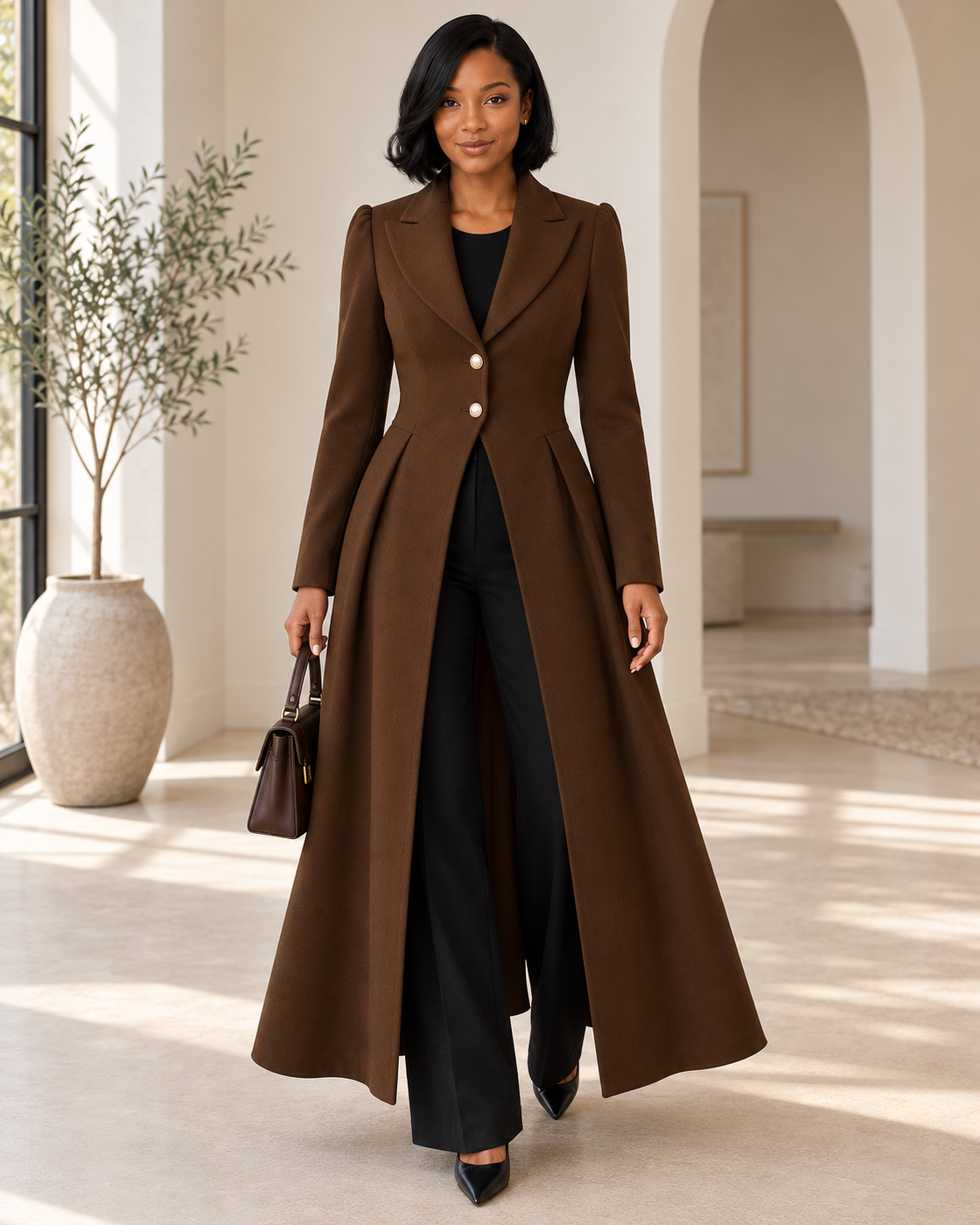 Corvella Sweep Coat in Chocolate — Model 3 front view
