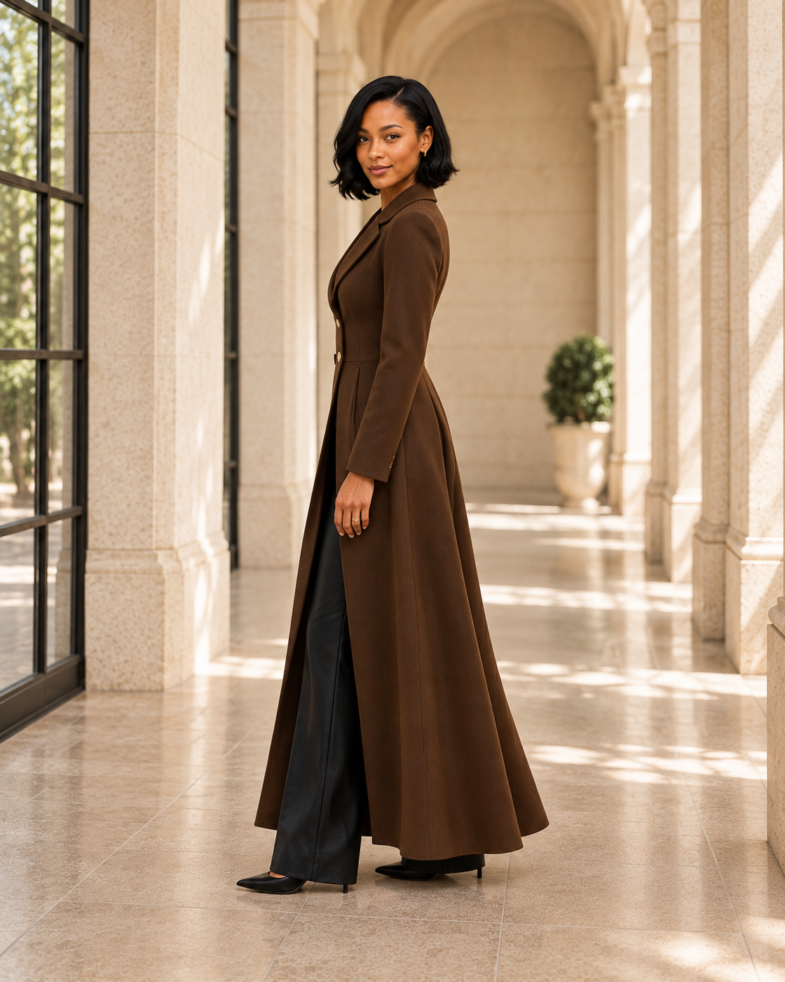 Corvella Sweep Coat in Chocolate — Model 3 side view
