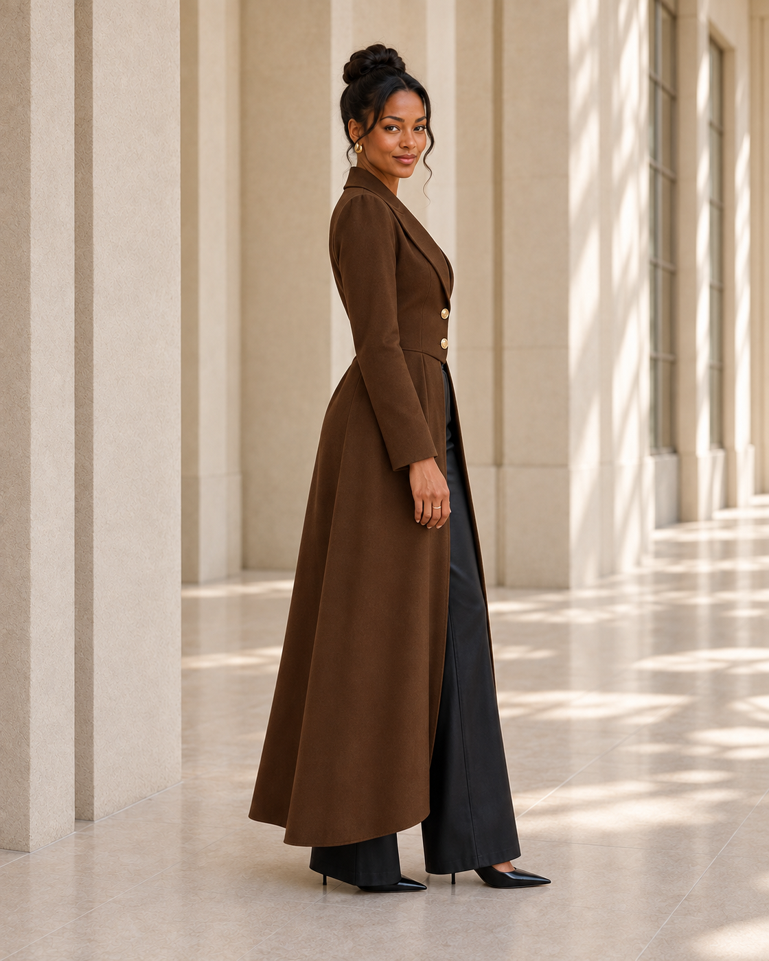 Corvella Sweep Coat in Chocolate — Model 4 side view