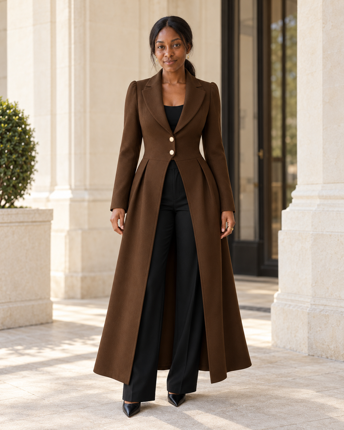 Corvella Sweep Coat in Chocolate — Model 6 front view