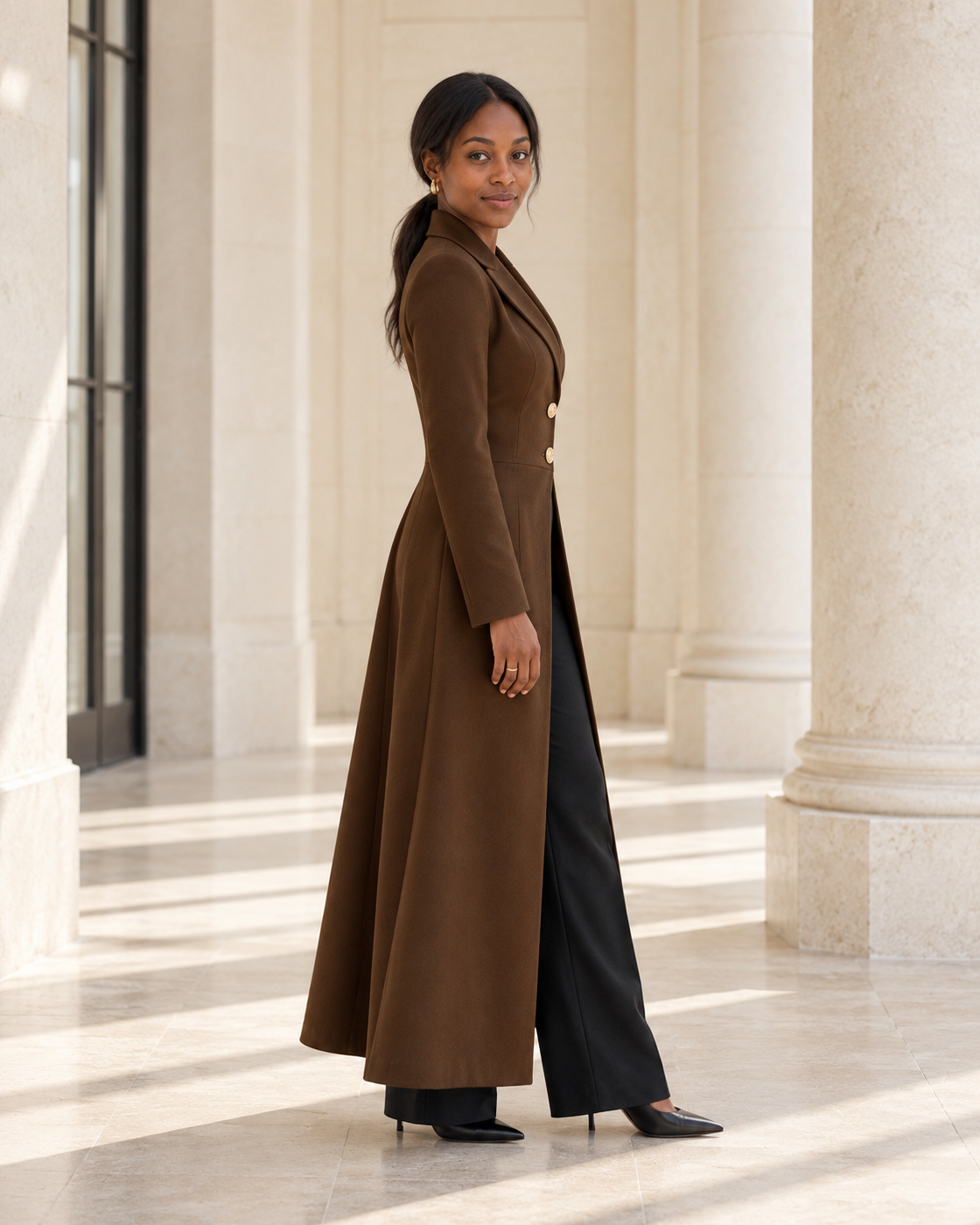 Corvella Sweep Coat in Chocolate — Model 6 side view