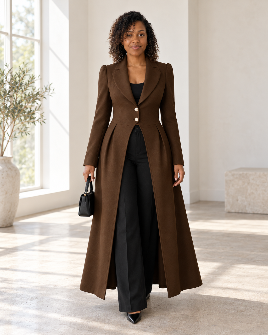 Corvella Sweep Coat in Chocolate — Model 7 front view