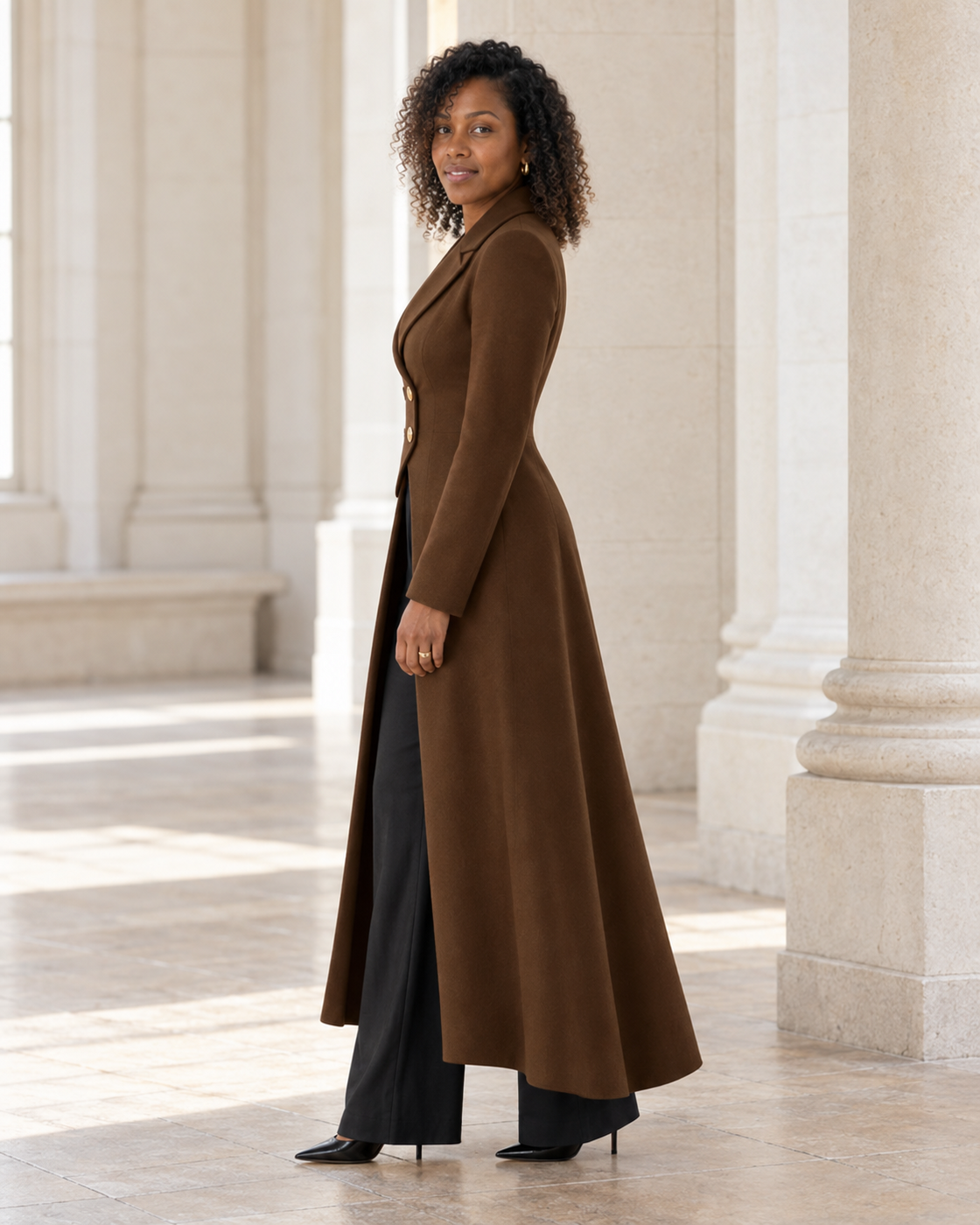 Corvella Sweep Coat in Chocolate — Model 7 side view