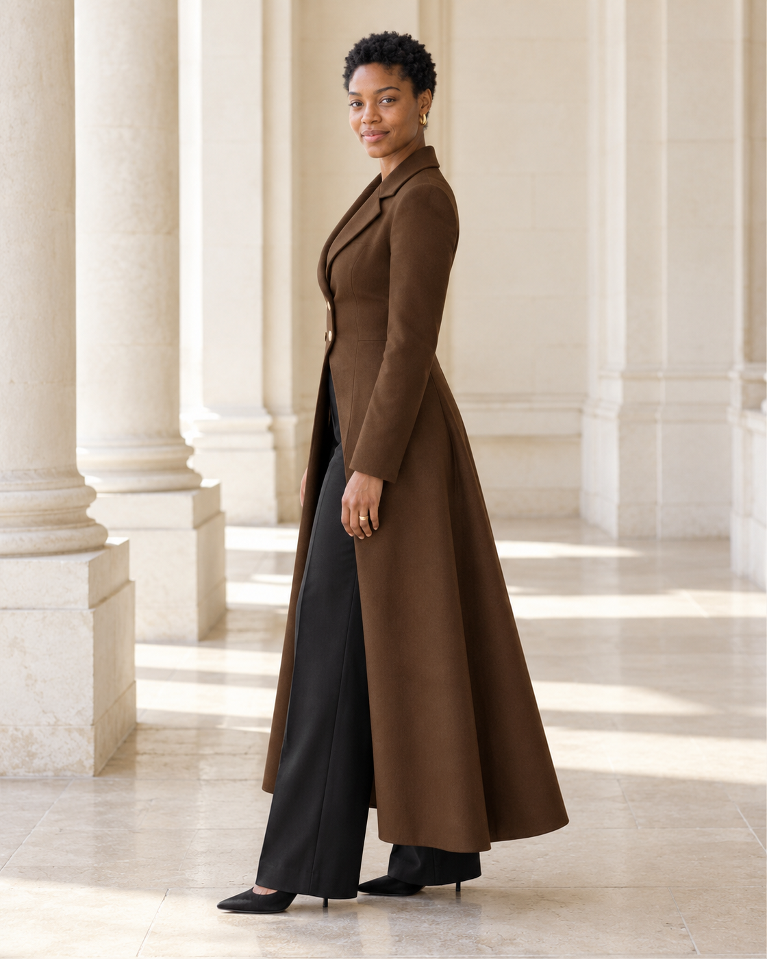Corvella Sweep Coat in Chocolate — Model 8 side view