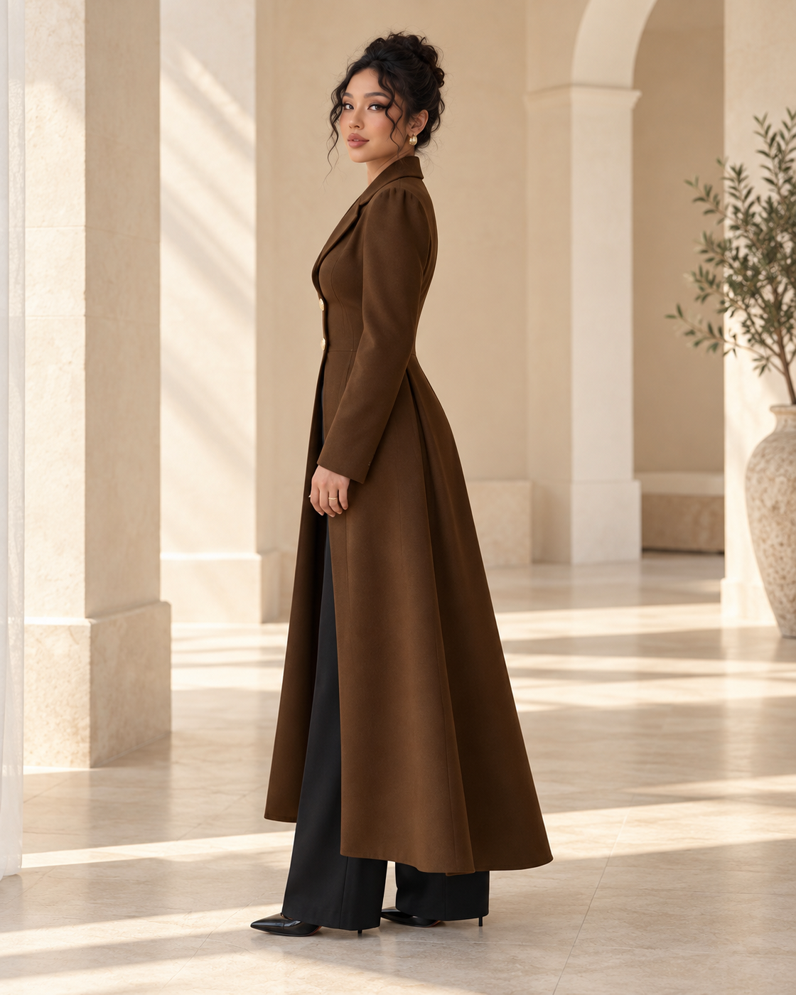 Corvella Sweep Coat in Chocolate — Model 9 side view