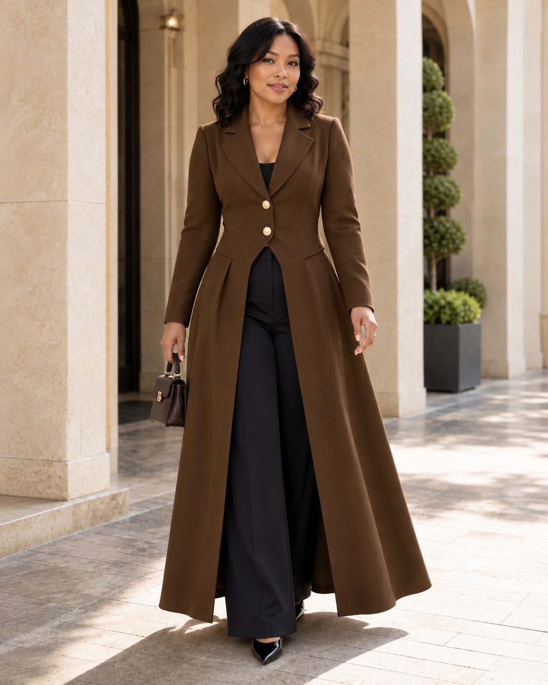 Corvella Sweep Coat in Chocolate — Model 10 front view