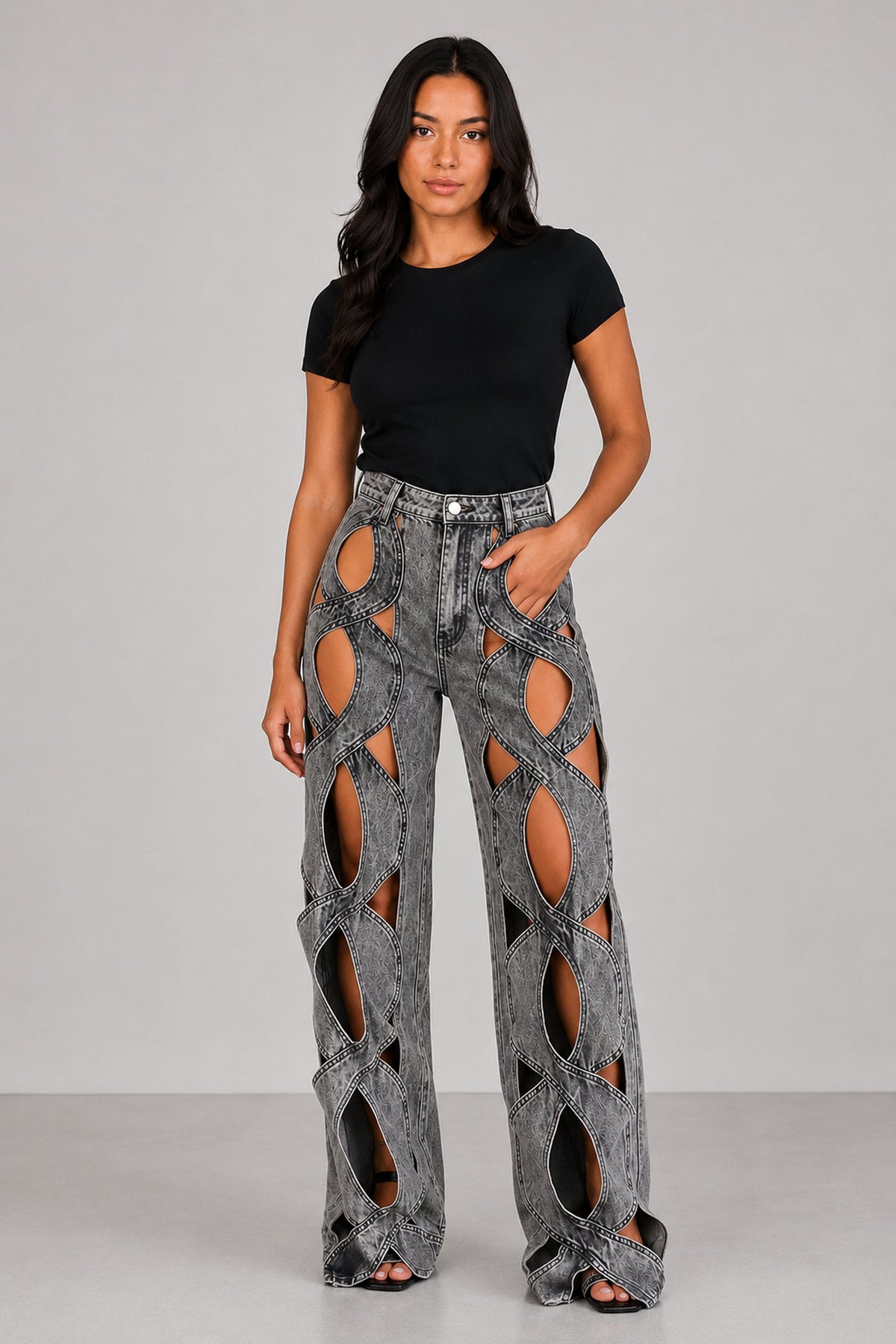 Cressa Cutout Cargo Jeans — Gray front view