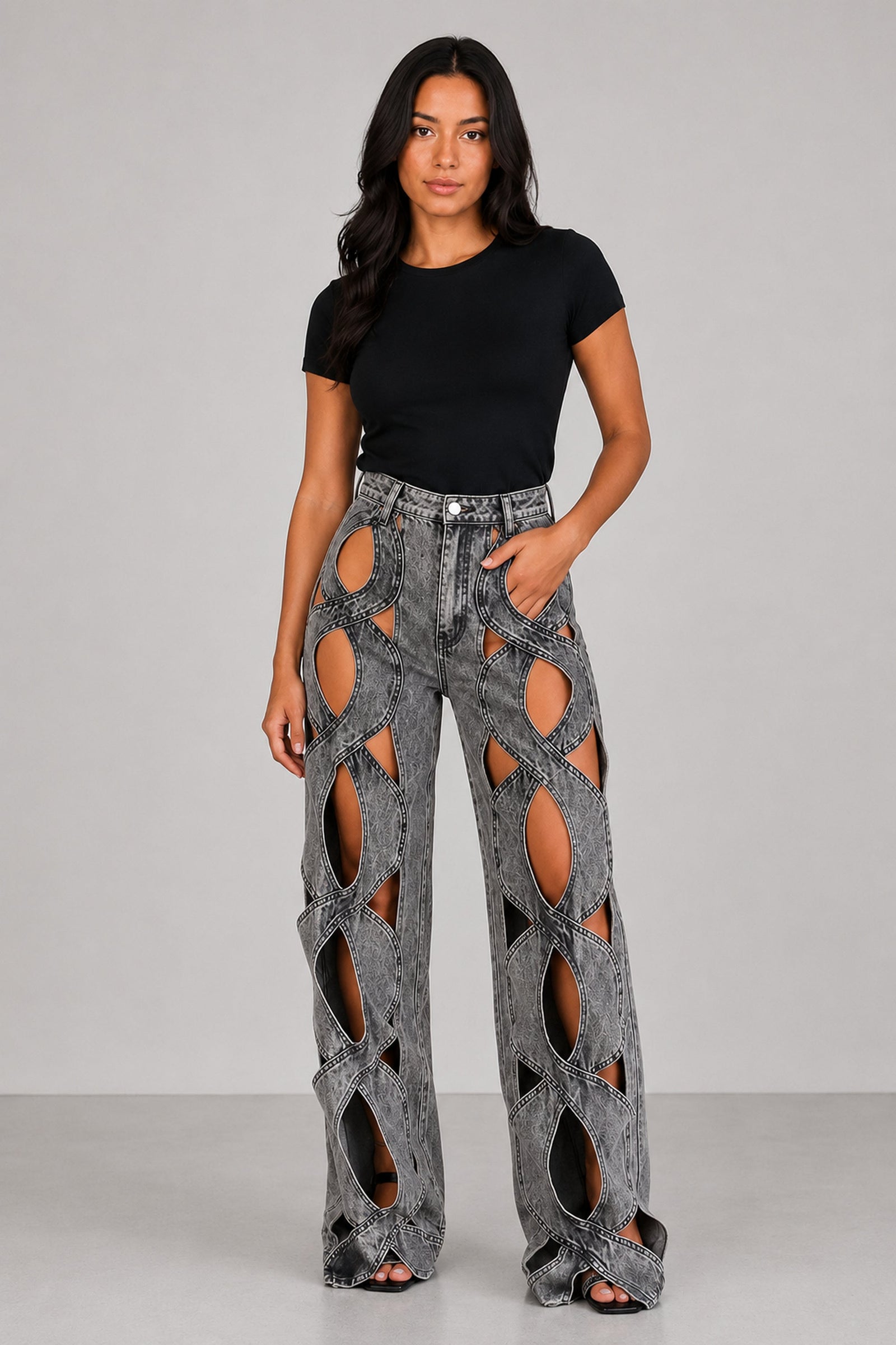 Cressa Cutout Cargo Jeans — Gray front view