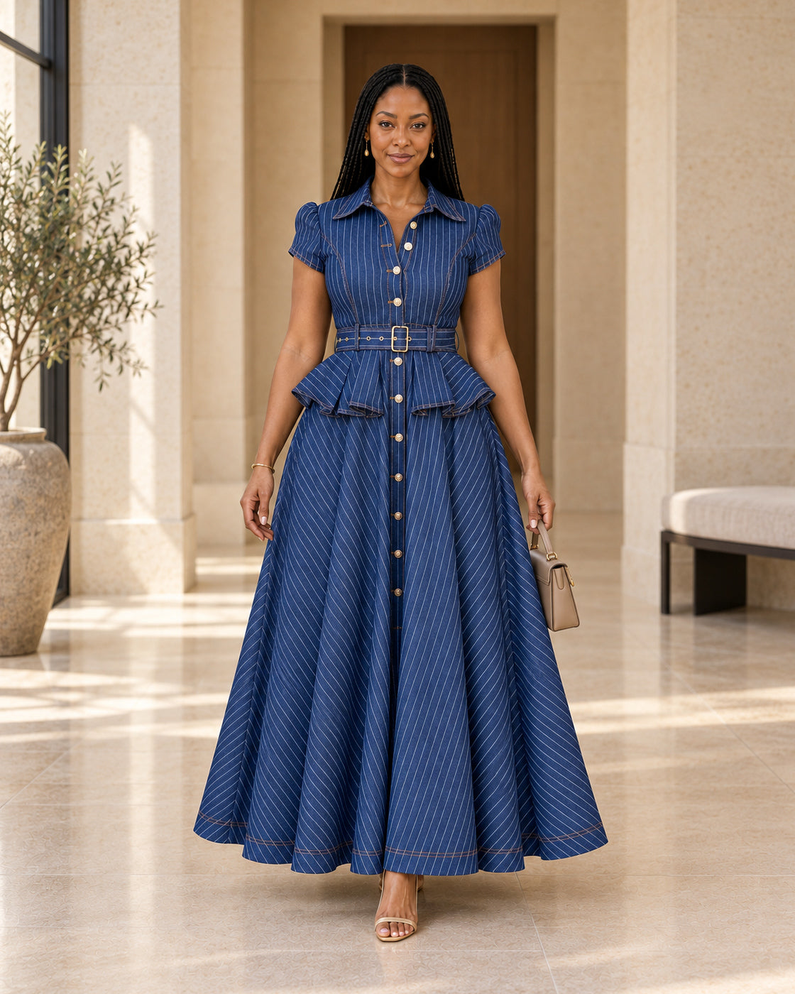 Denara Pinstripe Denim Dress in Denim, Model 1, front view