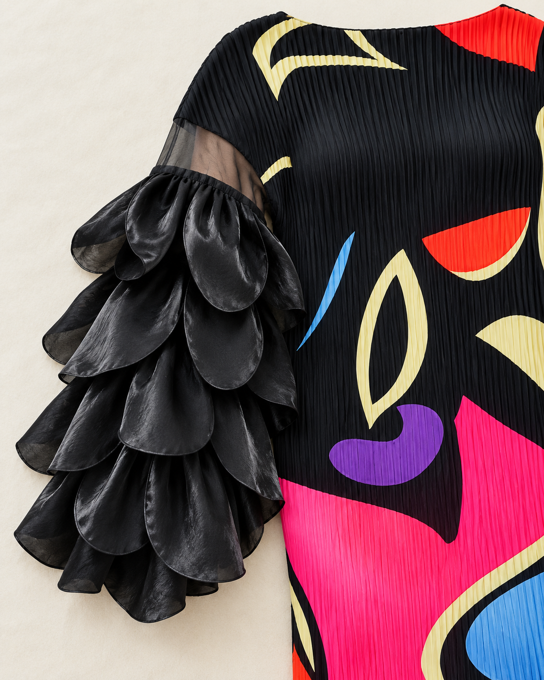 Ferina Petal-Sleeve Kaftan — Black Abstract — detail view