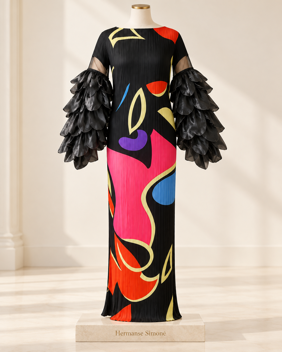 Ferina Petal-Sleeve Kaftan — Black Abstract — mannequin view