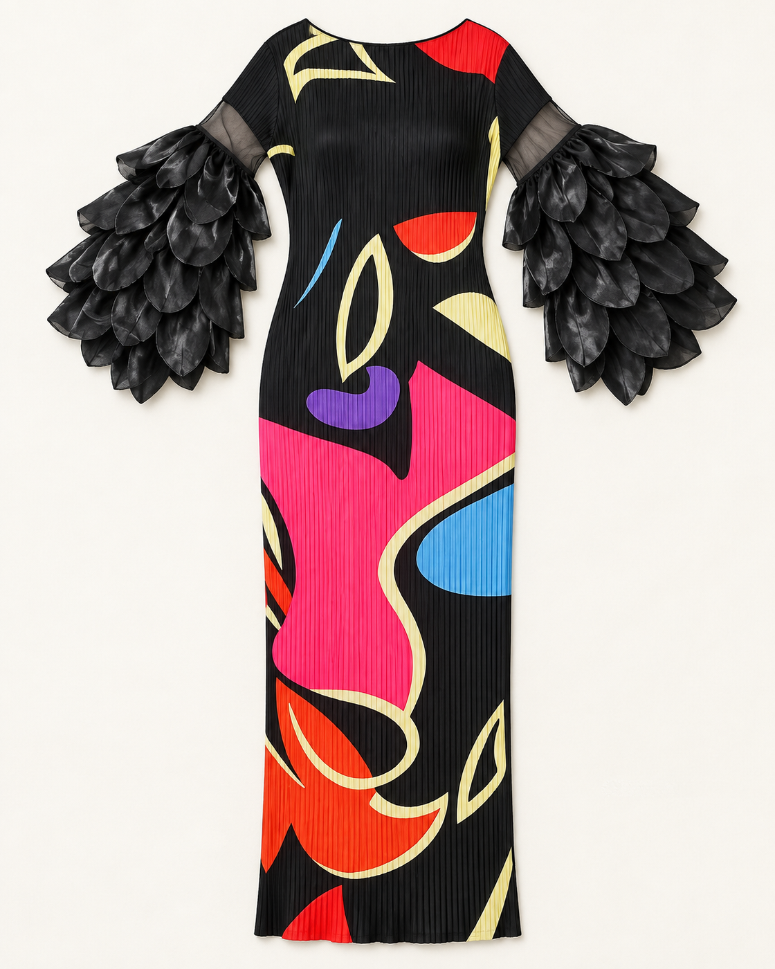 Ferina Petal-Sleeve Kaftan — Black Abstract — standalone view