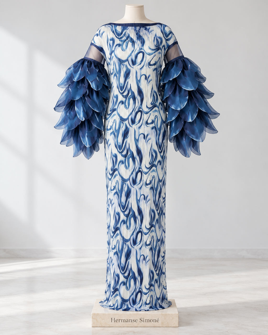 Ferina Petal-Sleeve Kaftan — Blue Swirl — mannequin view
