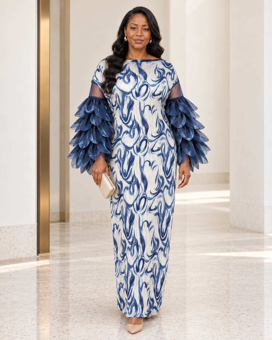 Ferina Petal-Sleeve Kaftan — Blue Swirl — front view