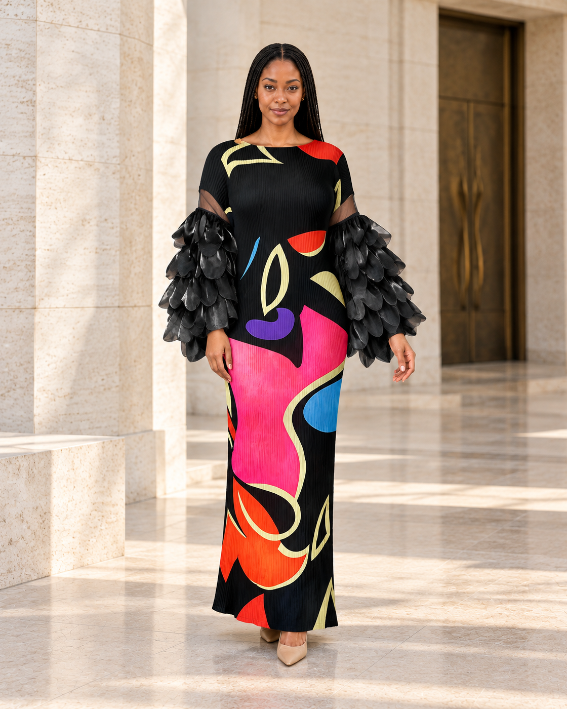 Ferina Petal-Sleeve Kaftan — Black Abstract — Model 1 — front view