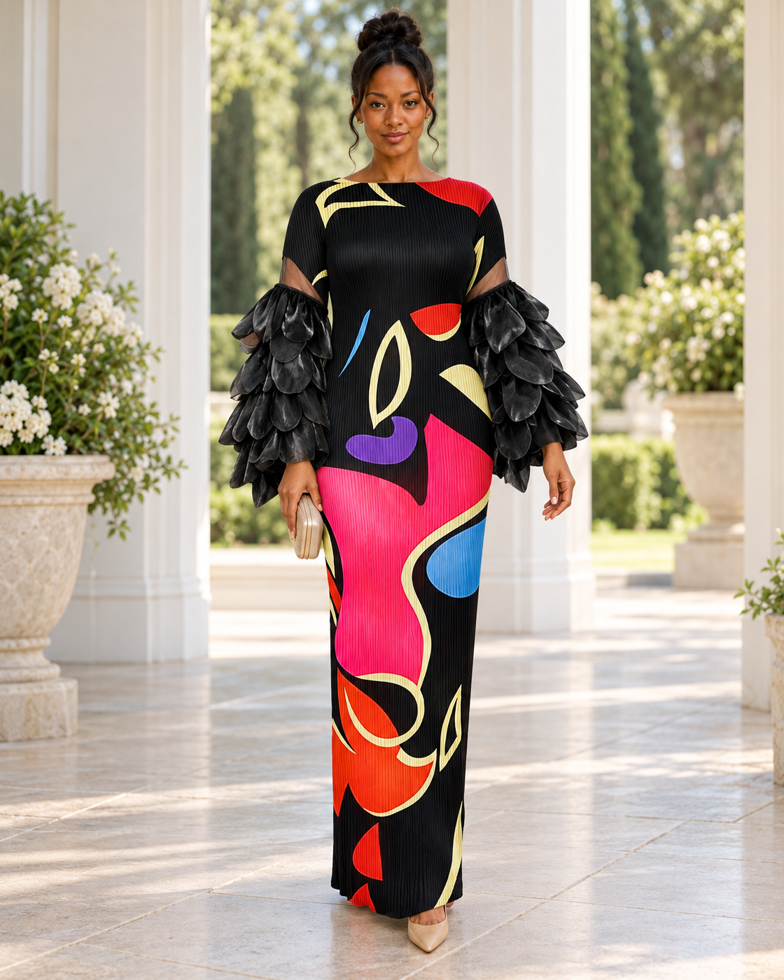 Ferina Petal-Sleeve Kaftan — Black Abstract — Model 4 — front view